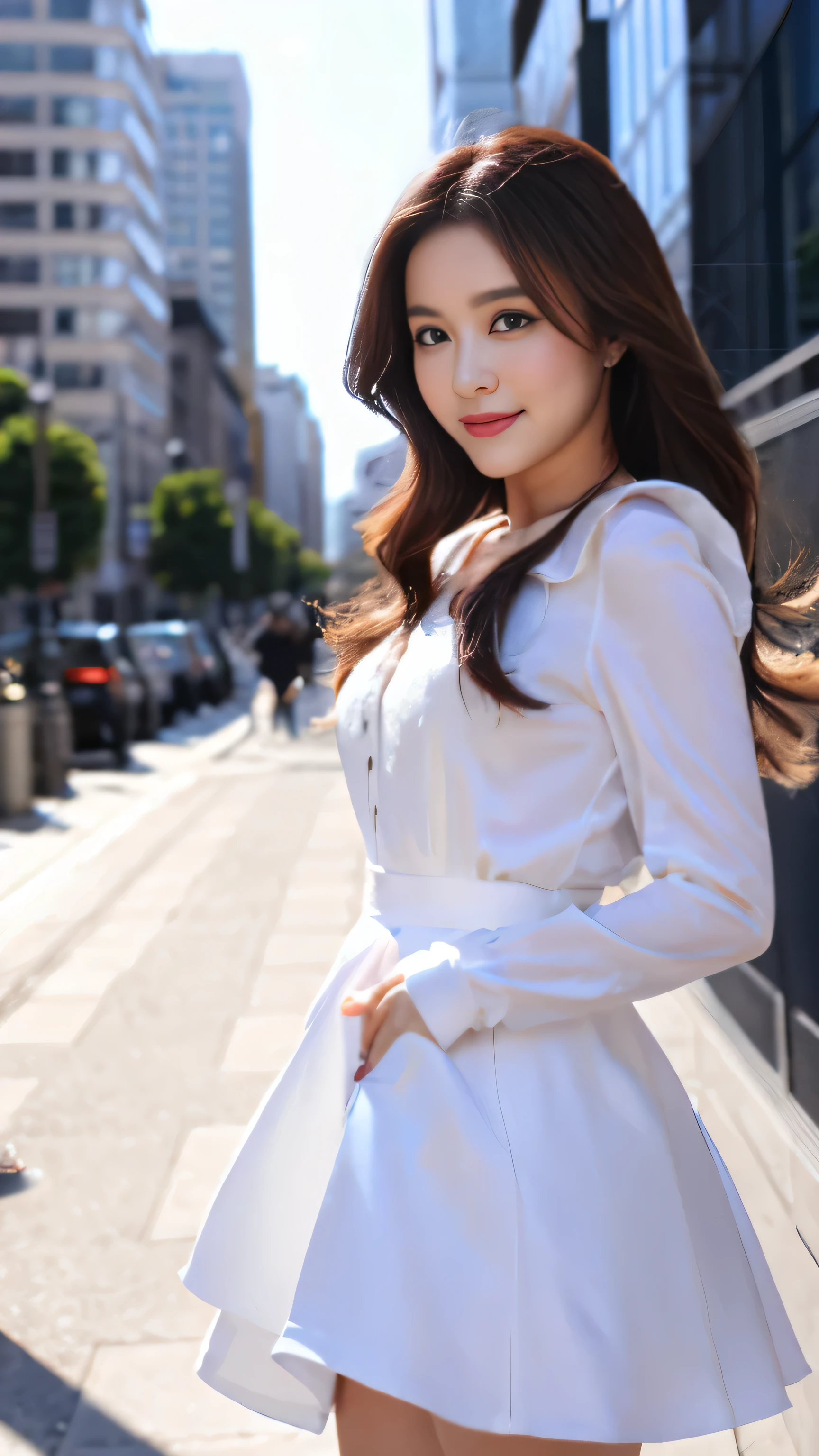 High-definition images、Woman with wavy chestnut hair and purple eyes、white futuristic armor、blush、eye shadow、cute face details、Full body high-definition engraving、facial details，Futuristic cityscape