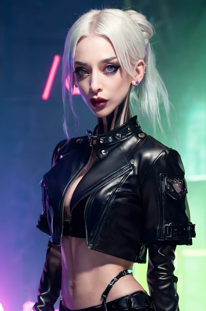 ภาพประกอบ CG ที่สมจริงเป็นพิเศษของ katopunk ในบท gothgirl waifu, (((ดวงตาอะนิเมะที่สมบูรณ์แบบ, ดวงตาที่มีรายละเอียด))), ตามลำพัง, การจ้องมองที่เจาะทะลุและการแต่งหน้าที่เป็นตัวหนา,  สวมแจ็กเก็ตหนังกับเสื้อครอป, และผมของเธอถูกจัดทรงให้เป็นทรงทันสมัย.