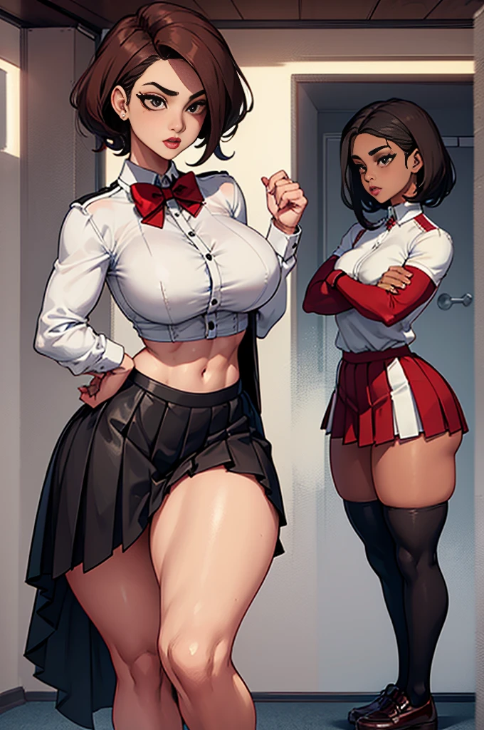 1 IFBB model, white shirt, black leather bodice, white thigh socks, pleated red skirt, brown shoes, narrow waist, wide hips, thick thighs.