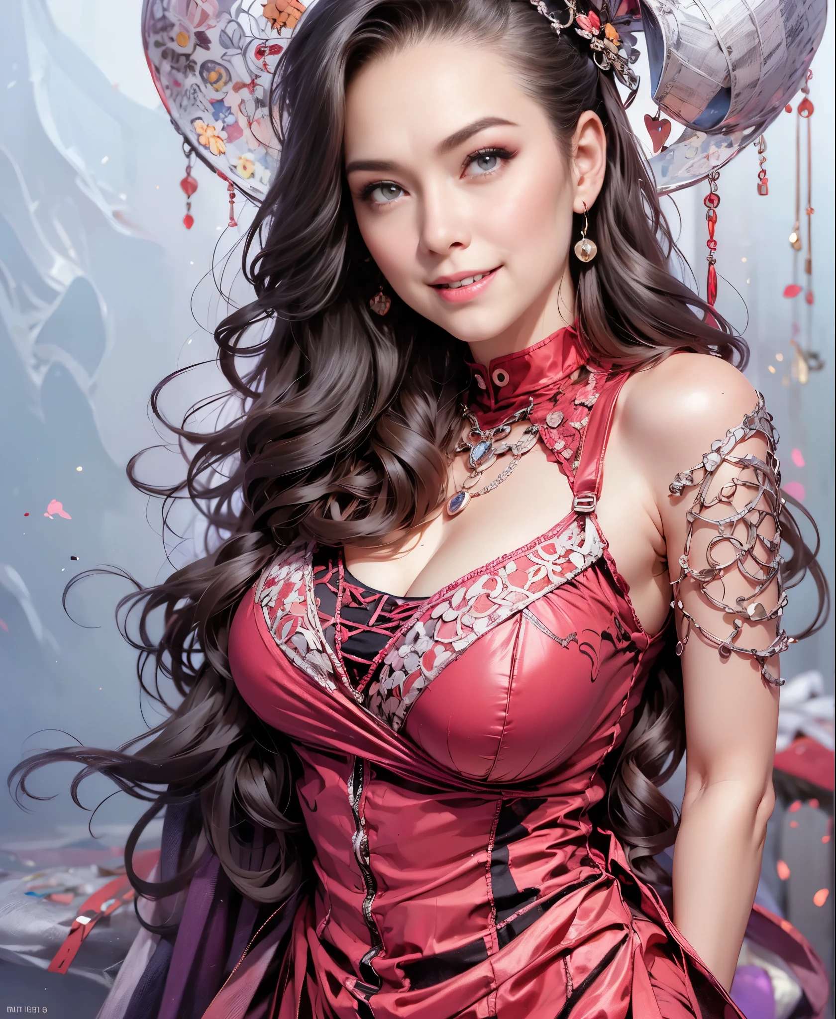 highest quality, masterpiece, 8k、Glossy skin、attention to detail, realistic, 1 girl、super big breasty chest is about to burst、 beautiful hands, sexy, whole body, Blissful smile、red shiny close-fitting dress、cleavage:2.8