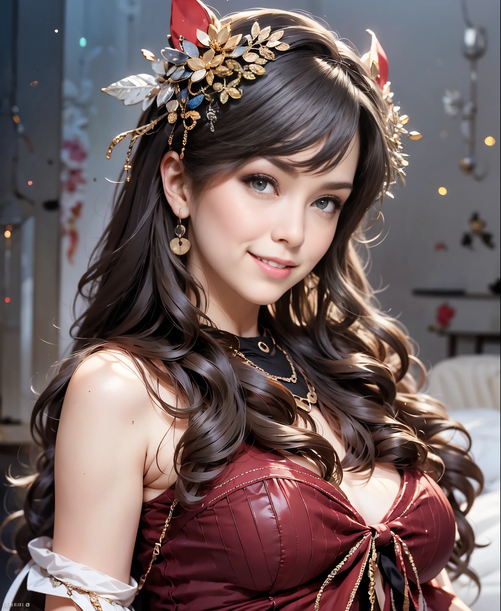 highest quality, masterpiece, 8k、Glossy skin、attention to detail, realistic, 1 girl、super big breasts、My chest is about to burst:1.3、 beautiful hands, sexy, whole body, Blissful smile、Red leather、Tight-fitting dress、cleavage:2.8