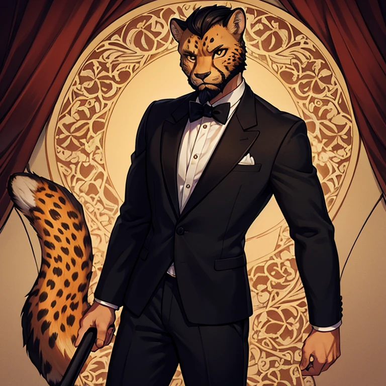 Cheetah-human, cheetah head, cheetah face, male, short hair, black hair, formal clothes, antro, solo, non-human, hair, beard,