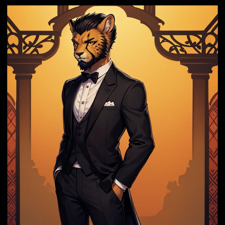 Cheetah-human, cheetah head, cheetah face, male, short hair, black hair, formal clothes, antro, solo, non-human, hair, beard, dinamic pose.