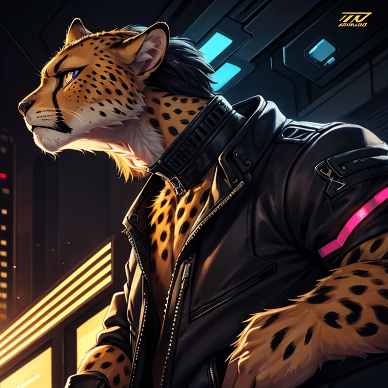 Cheetah-human, cheetah head, cheetah face, male, short hair, black hair, cyberpunk clothes, antro, solo, non-human, hair, beard, ciberpunk,