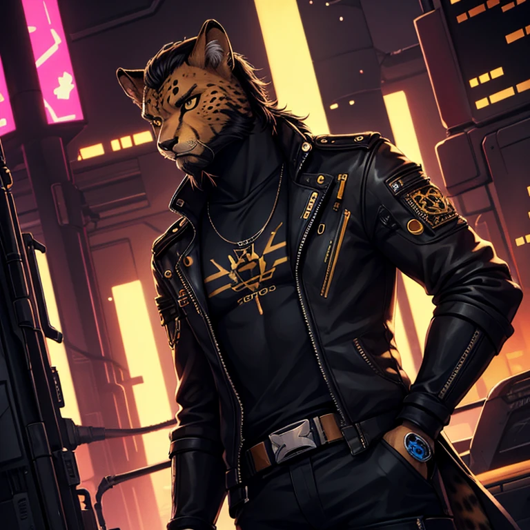 Cheetah-human, cheetah head, cheetah face, male, hair, black hair, cyberpunk clothes, antro, solo, non-human, hair, beard, ciberpunk,