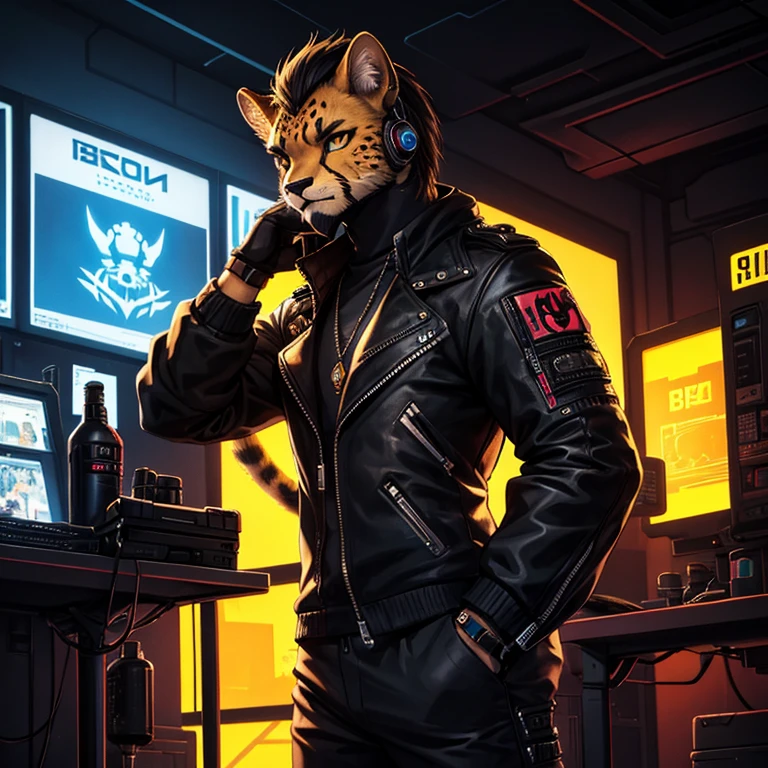 Cheetah-human, cheetah head, cheetah face, male, hair, black hair, cyberpunk clothes, antro, solo, non-human, hair, beard, ciberpunk,