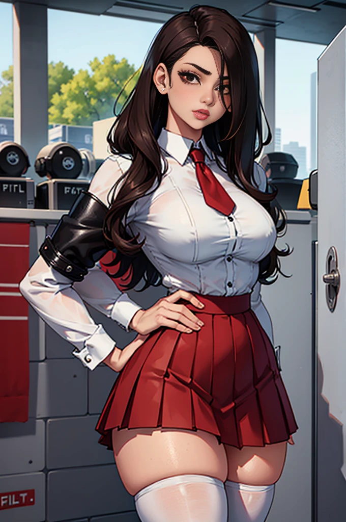 14-year-old IFBB model, white shirt, black leather bodice, white thigh socks, pleated red skirt, brown shoes, narrow waist, wide hips, thick thighs.