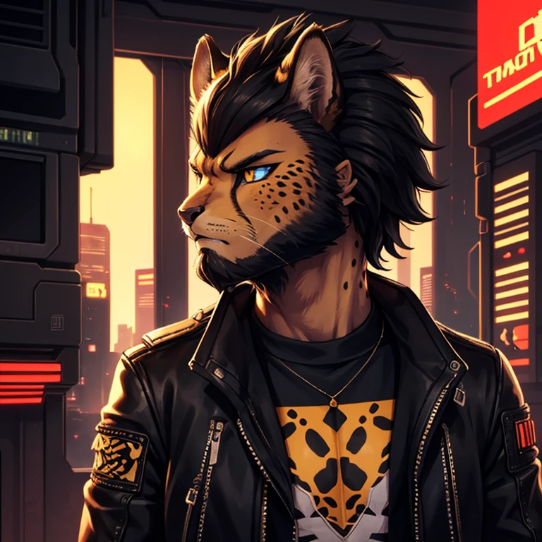 Cheetah-human, cheetah head, cheetah face, male, hair, black hair, cyberpunk clothes, antro, solo, non-human, hair, beard, ciberpunk, old