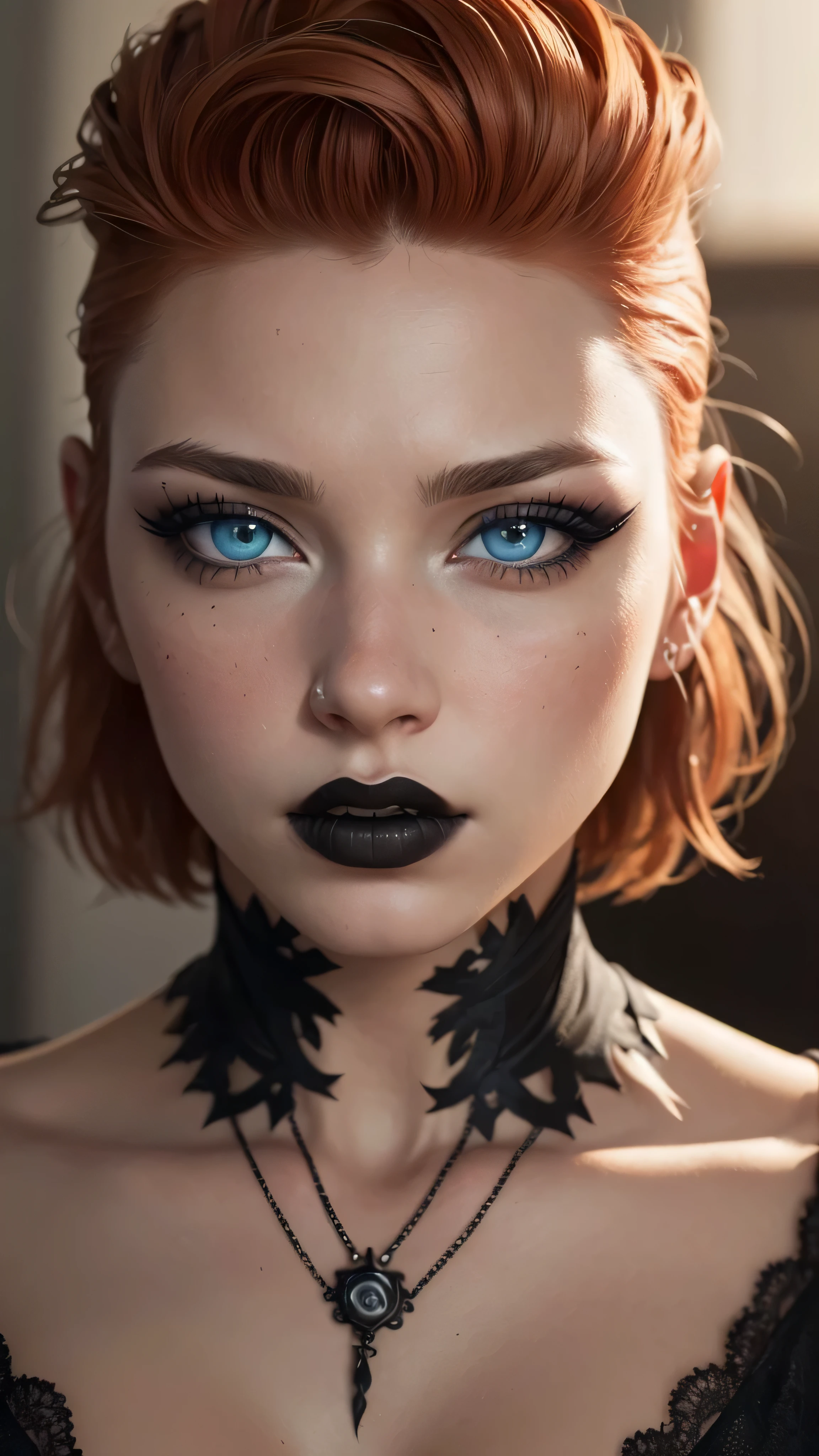 ((best quality: 1.5)) ((masterpiece: 0.8)), intricate details, sharp focus, professional, real life, realistic representation of the face, dim volumetric lighting, dynamic pose, in the style of realistic and hyper detailed renderings BREAK (detailed 30 year old android woman, (((blackout gothic eye makeup, portrait) ice blue eyes, short ginger hair, shaved sides), determined expression)), photorealistic, hyper-realistic, 8K