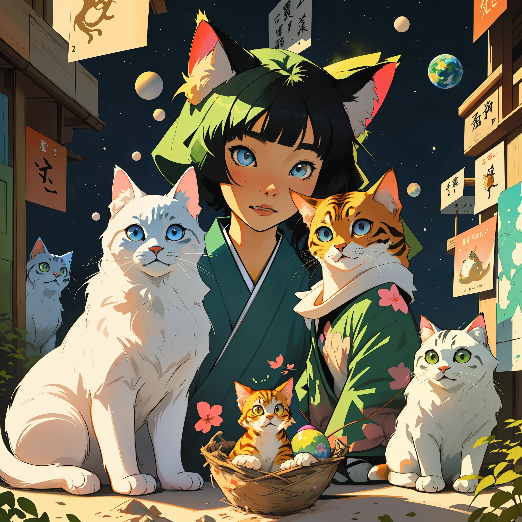 Anime girl with cats and a basket of flowers - SeaArt AI