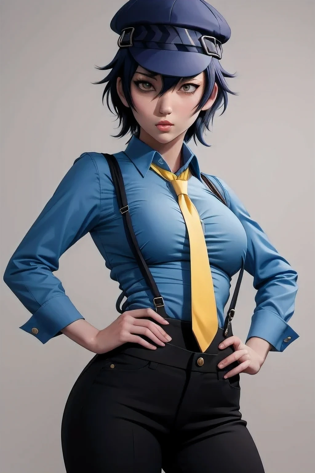 shiroganenaoto,1girl,solo,hat,black pants,blue shirt,yellow tie,suspenders,large breasts,heavy blush,grey eyes
