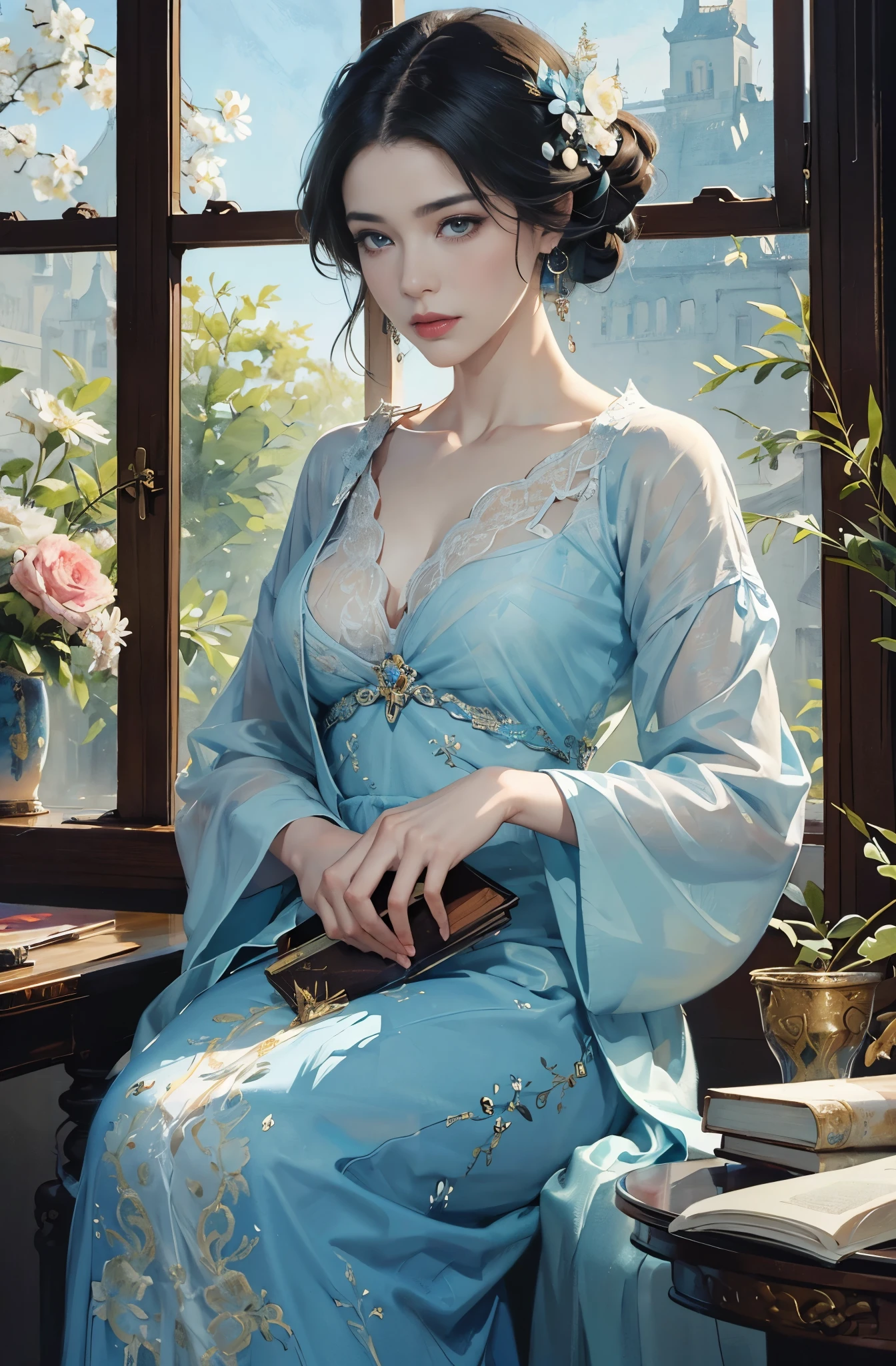 An arafe woman wearing a dress standing by the window with a book, inspired by Fenghua Zhong, wallop style, Style Ivan Talavera and Artgerm, wallop and art germ, art germ style, inspired by Vincent Lefevre, Gwaites style artwork, artgerm and wlop, figurative art, Intense watercolor painting, watercolor detailed art,Beautiful and expressive paintings, Beautiful artwork illustration, wonderful, cool beauty, highest quality, official art, perfect composition,perfect angle, best shot, female solo, sharp outline, melancholy, nostalgia, romantic, Eyes without pupils, color eye, ideal anima, unforgettable woman, monologue, The present blends with the past