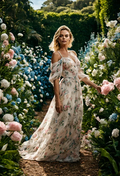 em um jardim perfumado, the blind woman (margot robbie), (28 anos), com um vestido longo rosa claro com detalhes em branco, is s...