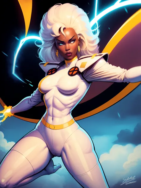 ((A comic style, cartoon art))). Storms wearing her signature outfit. 1 girl, solo, lonly, African girl, has white hair, white eyes, wears a classic X-Men Storm uniform with a cape, in dynamic epic  hero pose. fire blasts of concentrated plasma energy from...