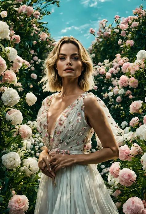 em um jardim perfumado, the blind woman (margot robbie), (28 anos), com um vestido longo rosa claro com detalhes em branco, is s...