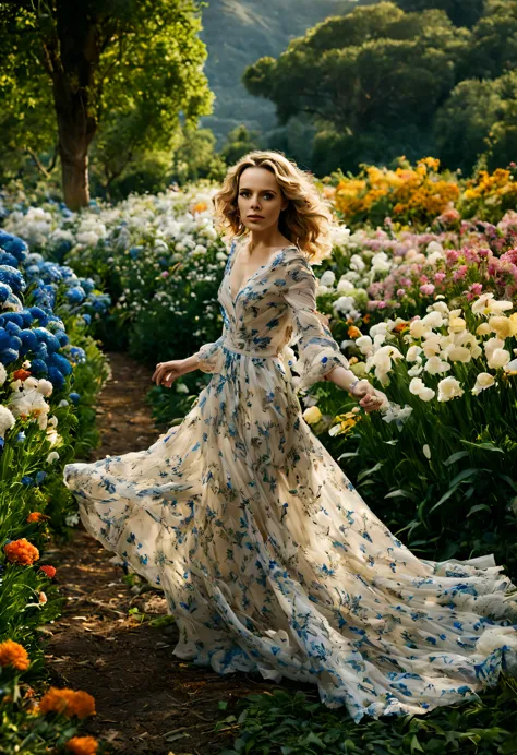 em um jardim perfumado, the blind woman (rachel mcadams), (22 anos), com um vestido longo marrom com detalhes em branco, is stan...