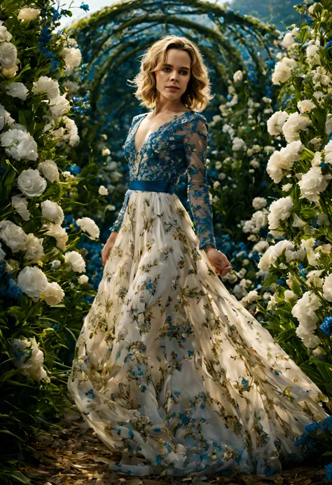Em um jardim perfumado, The blind woman (Rachel McAdams), (22 anos), com um vestido longo Marrom com detalhes em branco, is stan...