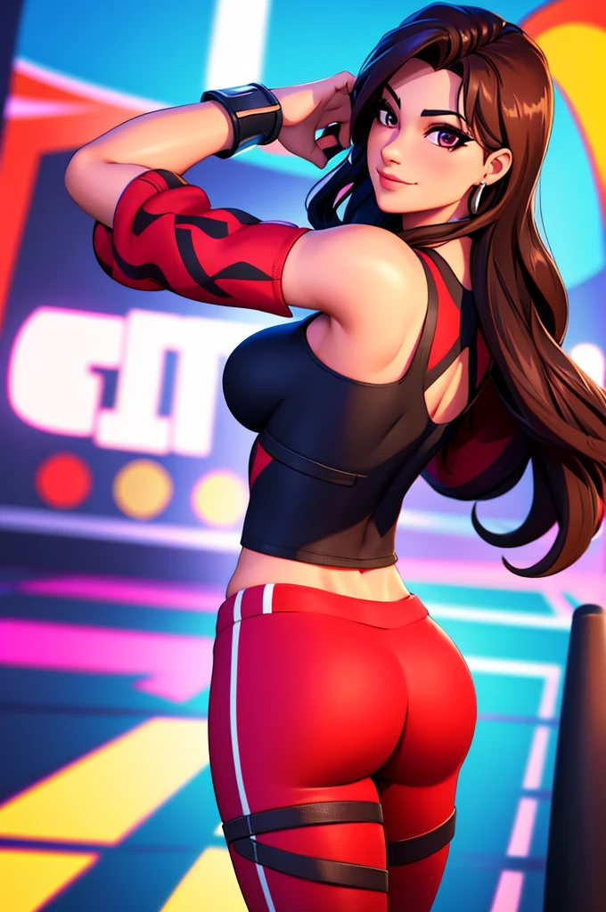 Ruby , (fortnite),1girl, solo, long hair, looking at viewer, smile, breasts, city background, butt, bare shoulders, tight shirt, closed mouth, portrait, red sweatshirt, skin tight pants, red sports pants, seductive, realistic, best quality, masterpiece, ultra detail, ultra high res, extreme detail, 8k, uhd