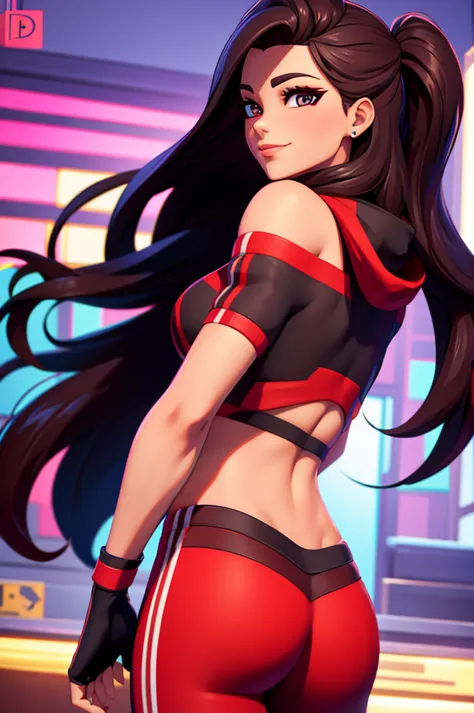 ruby , (fortnite),1girl, solo, long hair, looking at viewer, smile, breasts, city background, butt, bare shoulders, tight shirt,...