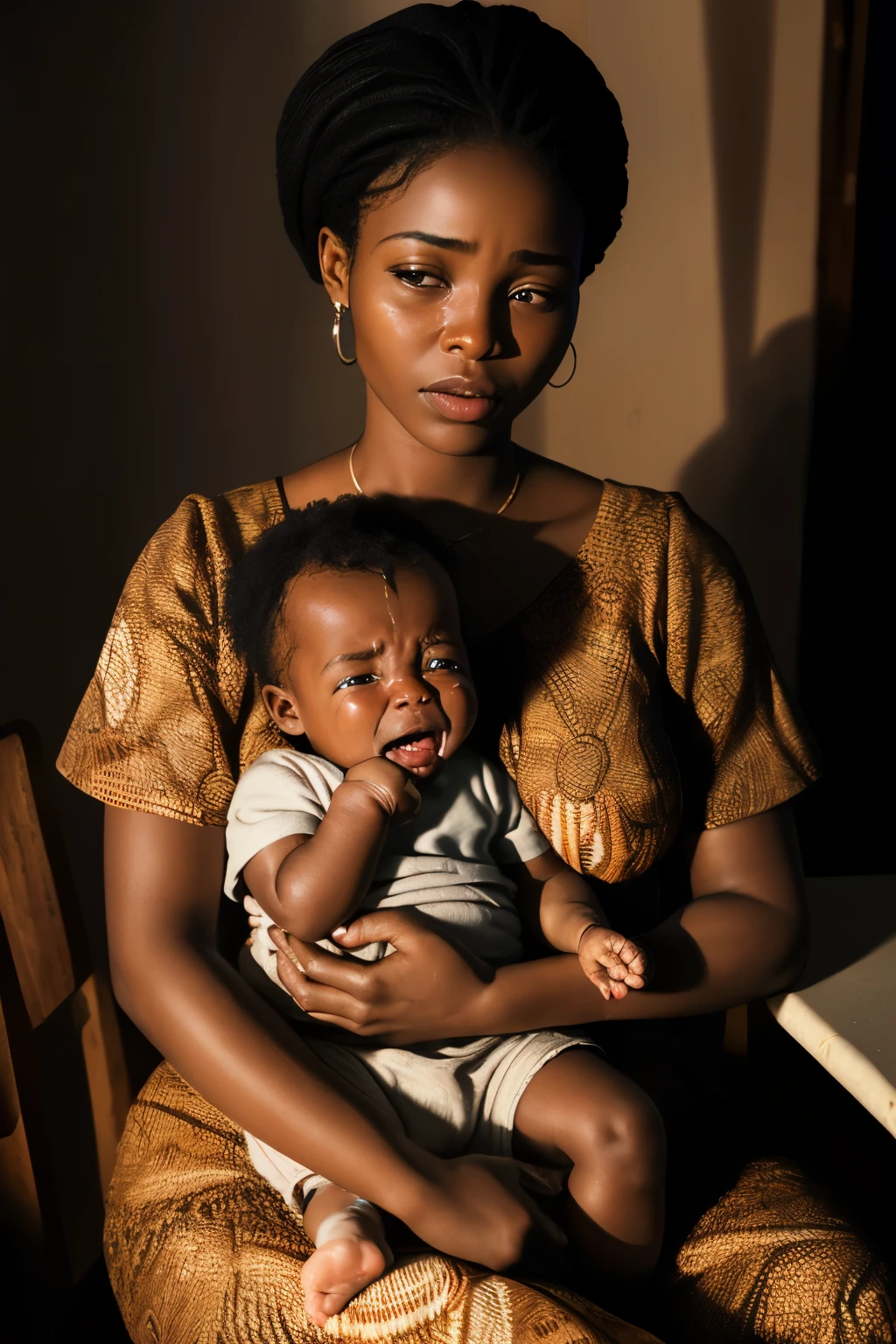 ((ultra realistic, top quality, super definition, high definition)), african woman, mother, with 2 month old african baby on her lap crying, in the dark room, stressed about not being able to make him sleep
