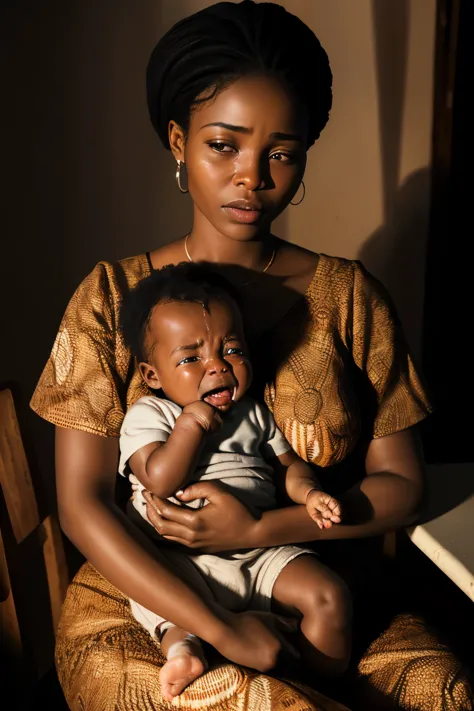 ((ultra realistic, top quality, super definition, high definition)), african woman, mother, with 2 month old african baby on her...