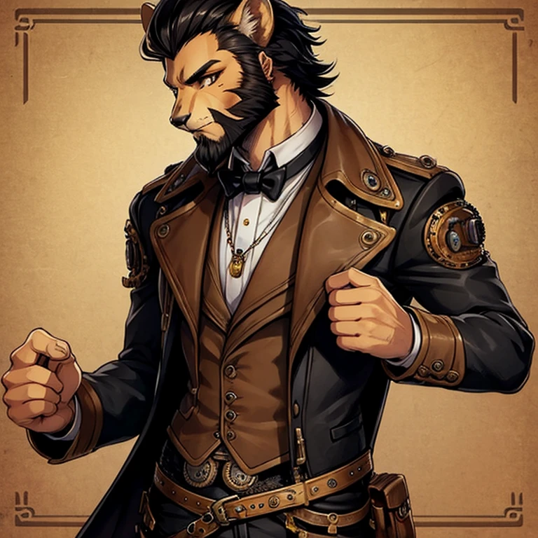 Cheetah-human, cheetah head, cheetah face, male, hair, black hair, steampunk clothes, antro, solo, non-human, hair, beard, steampunk, younger.