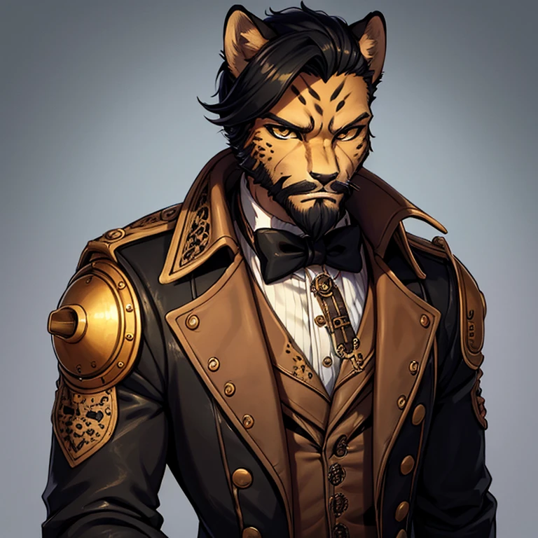 Cheetah-human, cheetah head, cheetah face, male, hair, black hair, steampunk clothes, antro, solo, non-human, hair, beard, steampunk, younger.