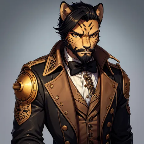 cheetah-human, cheetah head, cheetah face, male, hair, black hair, steampunk clothes, antro, solo, non-human, hair, beard, steam...