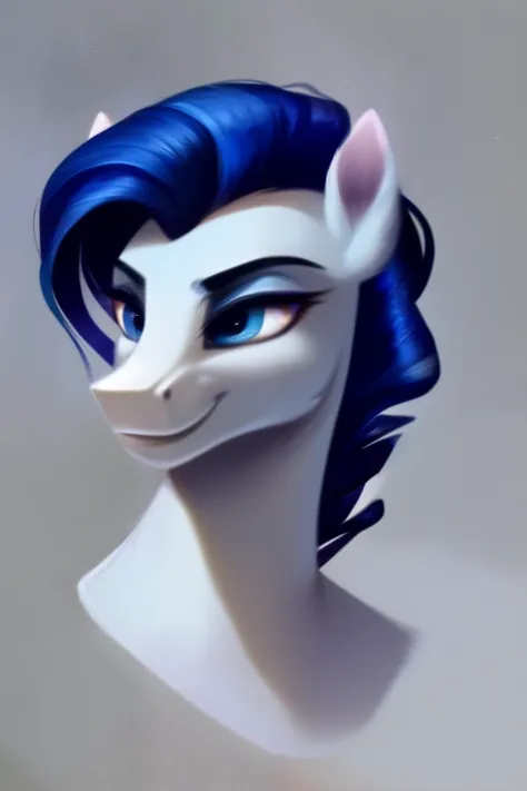 rating_safe, score_9, source_pony, Ice white stallion with a long dark blue mane, smile, portrait