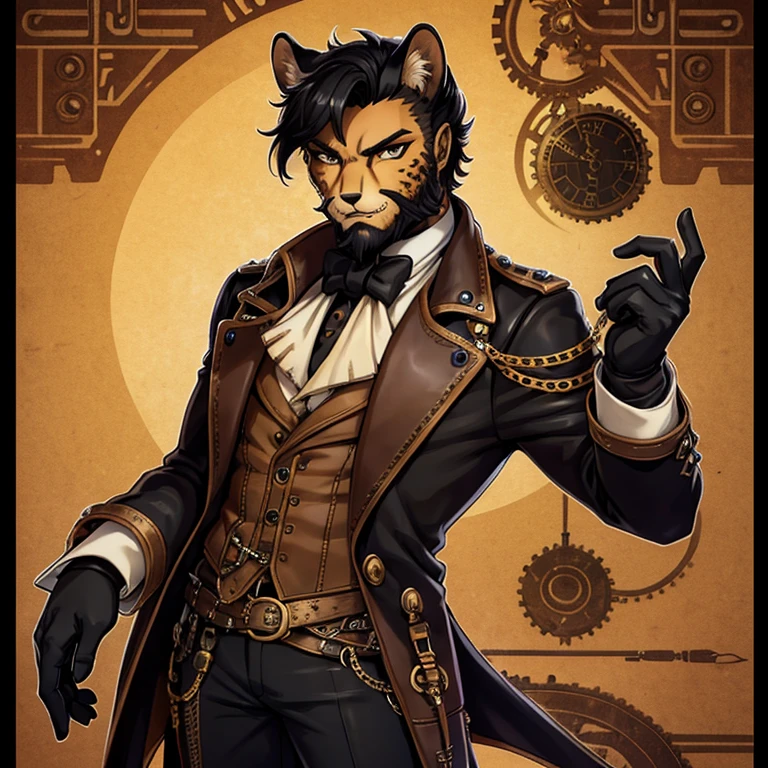 Cheetah-human, cheetah head, cheetah face, male, hair, black hair, steampunk clothes, antro, solo, non-human, hair, beard, steampunk,