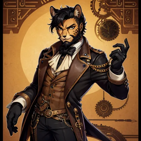 cheetah-human, cheetah head, cheetah face, male, hair, black hair, steampunk clothes, antro, solo, non-human, hair, beard, steam...