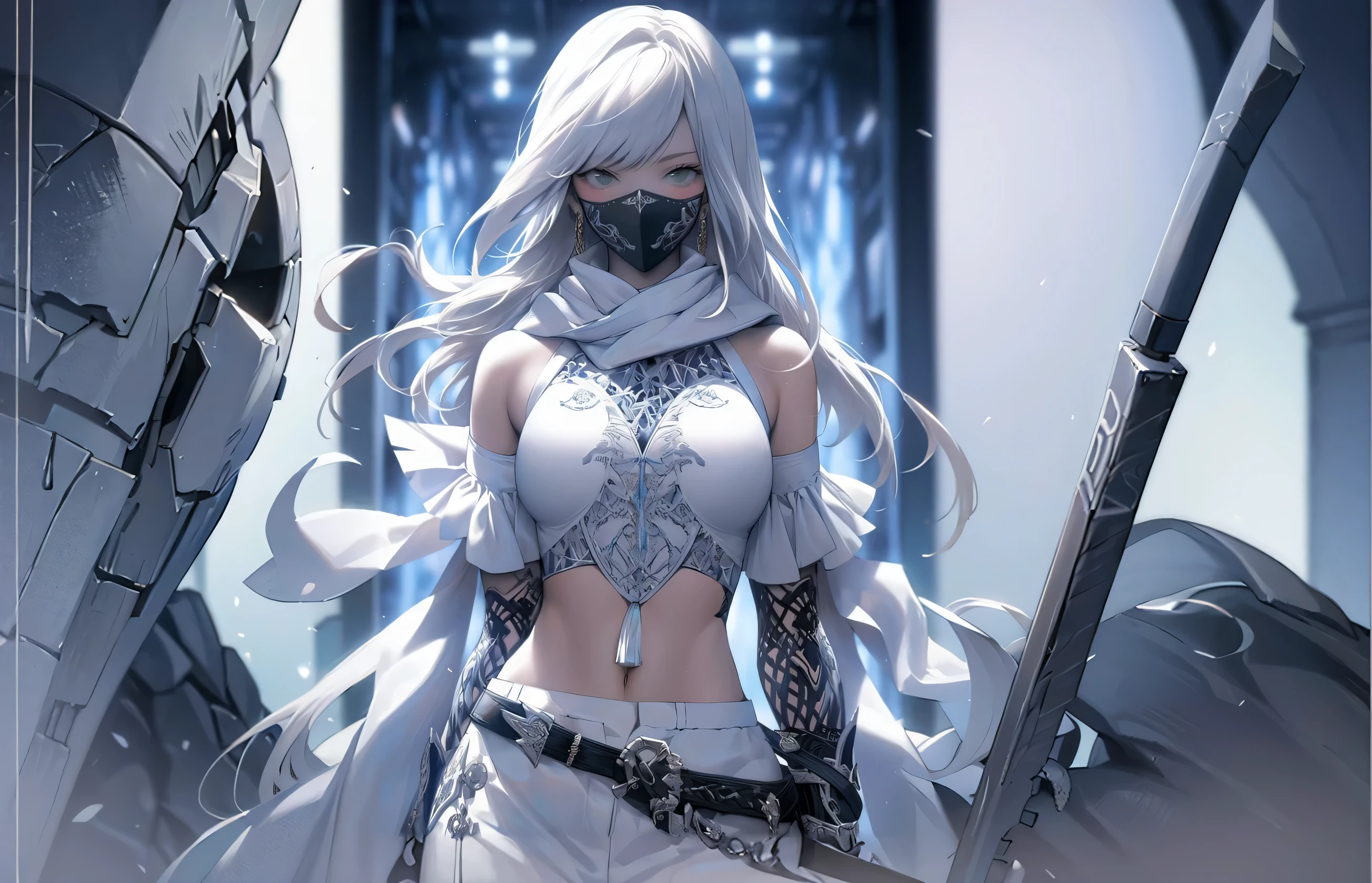 un primer plano de una mujer con una máscara y un vestido blanco, nier autoamata, nier inspired, nier 2 b, armadura blanca, Arte de personajes épico y exquisito., tendencias en artstation pixiv, intricate armadura blanca, arte anime limpio y detallado, impresionante arte de personajes, pero la armadura cubre su rostro, nier, arte detallado del personaje de anime, Ilustraciones detalladas de alta calidad 8K