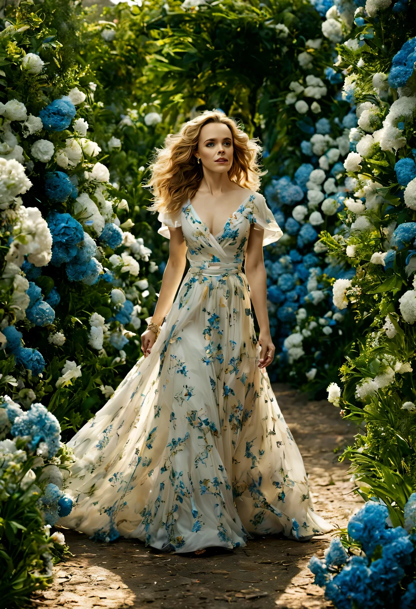 Em um jardim perfumado, The blind woman (Rachel McAdams), (22 anos), com um vestido longo Marrom com detalhes em branco, is standing with her arms outstretched, gently touching the petals of the flowers he finds, conectando-se com a natureza e as doces flores azuis.