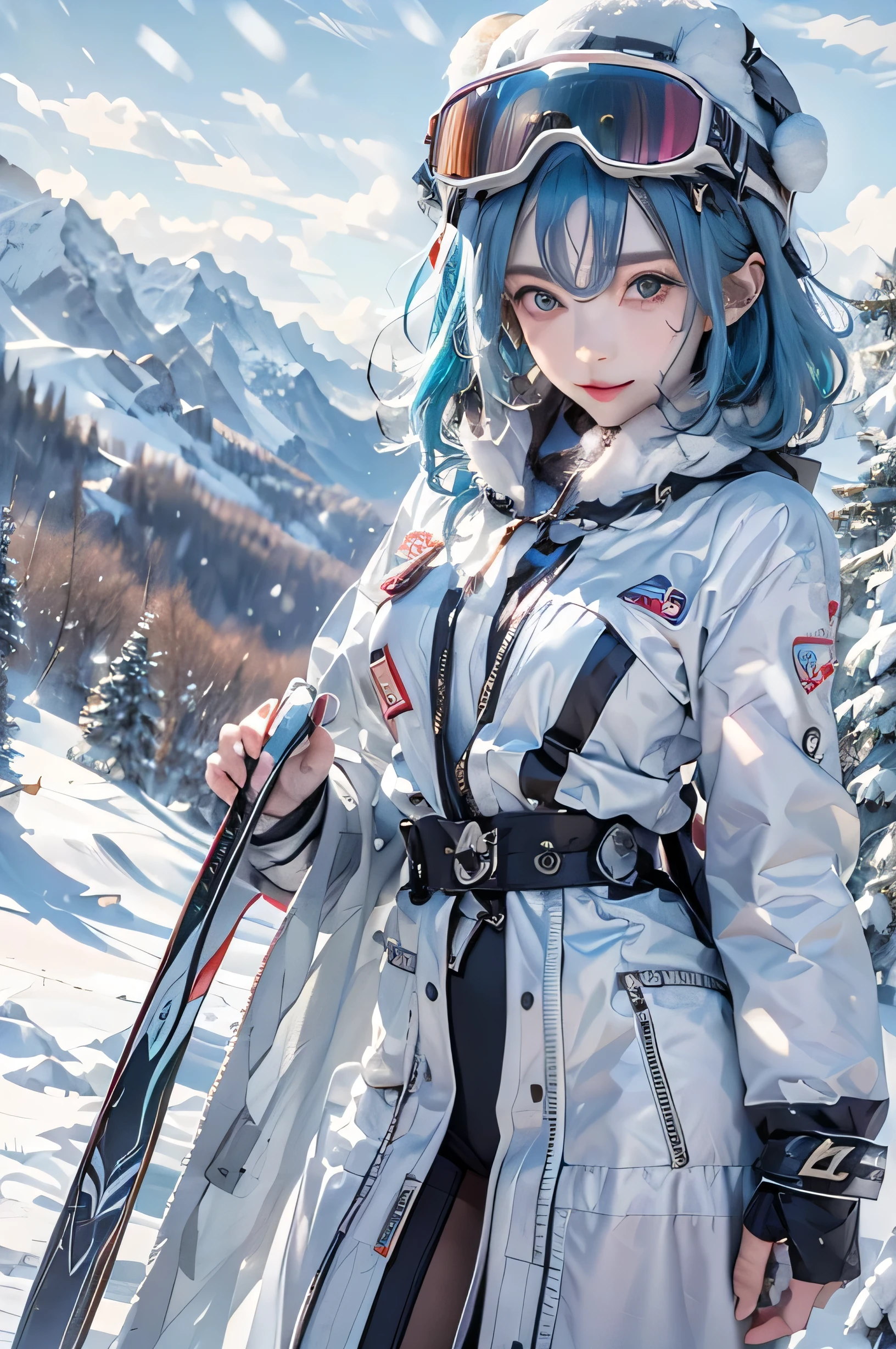 (photorealistic:1.3, highest quality:1.3,8Kmasterpiece, masterpiece:1.3,High resolution,muste piece:1.2),A 23-year-old woman standing on a snow mountain,(bondage ski wear:1.3,choker,boots), beautiful skin, (looking at the camera:1.2),angle(Photo seen from the front bottom:1.3),(short hair:1.2,bright blue hair:1.5), (smile:1.1,blushing:1.3),tracing(足を広げた大胆なtracing,ダイナミックtracing:1.2),background(snow scene:1.5,snow mountain:1.3,Ski resort),(Slender, abs:1.2),(young skinny gravure idol, sophisticated gravure idol),(detailed perfect face),normal hands:1.5,normal finger:1:5,normal feet:1.5,(cameltoe)