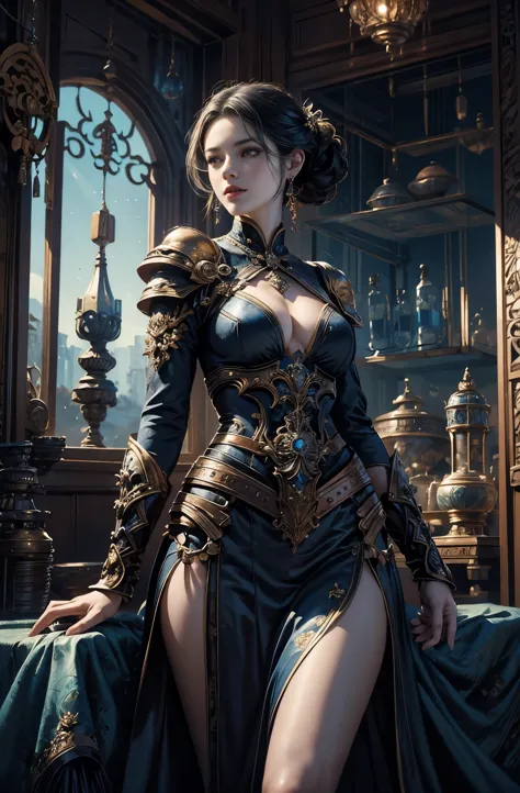 An Arafe woman wearing a dress standing with a sword, inspired by Fenghua Zhong, wallop style, Style Ivan Talavera and Artgerm, wallop and art germ, art germ style, inspired by Vincent Lefevre, Gwaites style artwork, artgerm and wlop, figurative art, Beaut...