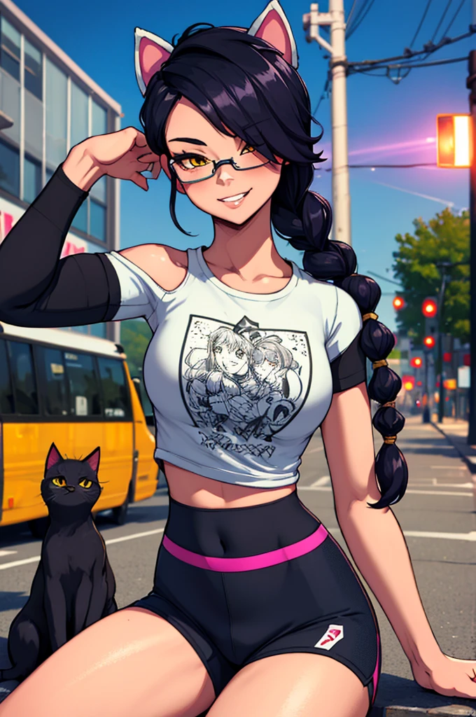 Erisa, 1girl, solo, long hair, looking at viewer, black hair, bandaid on face, yellow eyes, animal ears, smile, bandaid on nose, braid, cat ears, bandaid, bangs, breasts, fake animal ears, simple background, fang, bare shoulders, scar, teeth, bare shoulders, black shirt, short sleeves, closed mouth, t-shirt, hair over one eye, night city view, portrait, hair over shoulder, skin tight shirt, tight shorts, butt, legs, glasses, sports wear, crop top, shorts, seductive, realistic, best quality, masterpiece, ultra detail, ultra high res, extreme detail, 8k, uhd