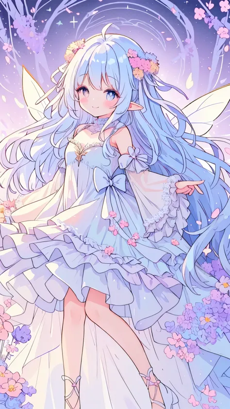 beautiful fairy girl in tiered colorful gradient ballgown dress, highest quality,masterpiece,16K or 8K,Super detailed,gradient glitter ,One piece with plenty of frills、 Fairy Princess、 giant white fairy wings、 Flowers and colorful plants, beautiful, master...