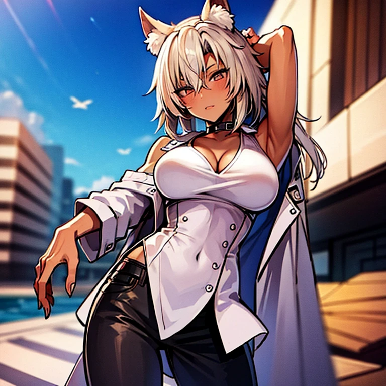 girl, (blonde), (tanned), with cat ears and tail, casual clothes, tied up hair, in a city, big  