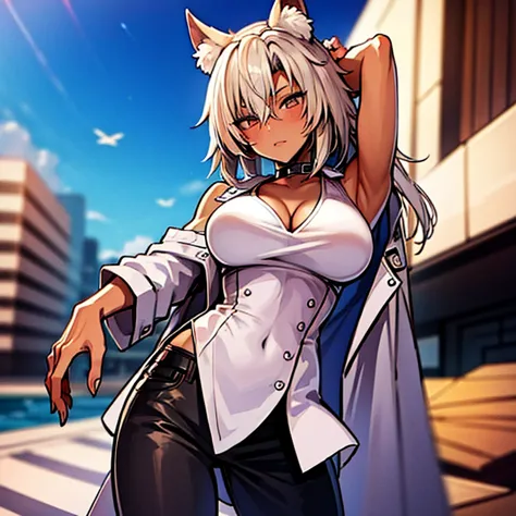 girl, (blonde), (tanned), with cat ears and tail, casual clothes, tied up hair, in a city, big tits 