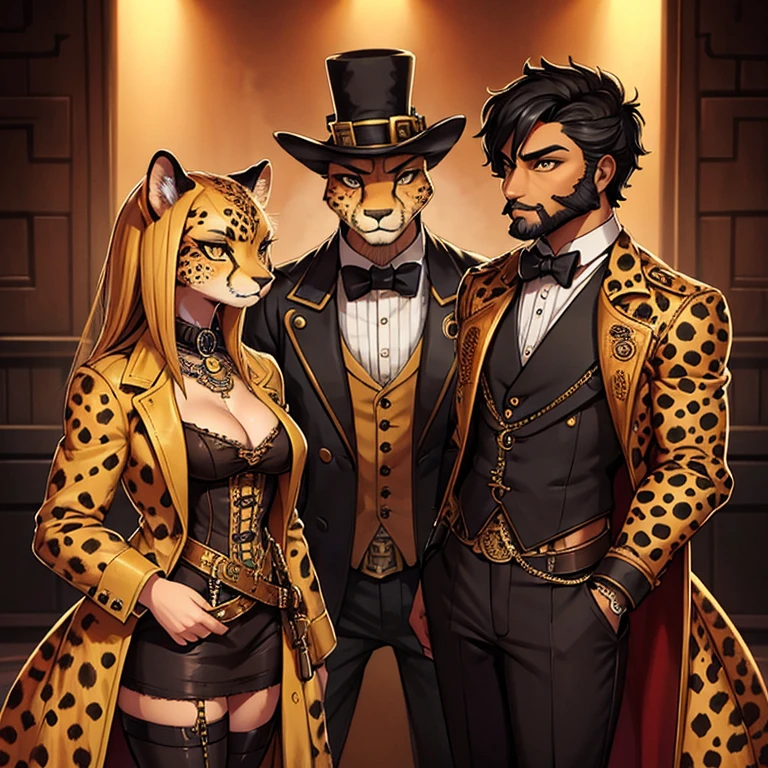  ACheetah-human, cheetah head, cheetah face, male, hair, black hair, steampunk clothes, antro, non-human, hair, beard, steampunk whit a female cheeta-human cheetah head cheetah face milf whith formal clothes and non-human