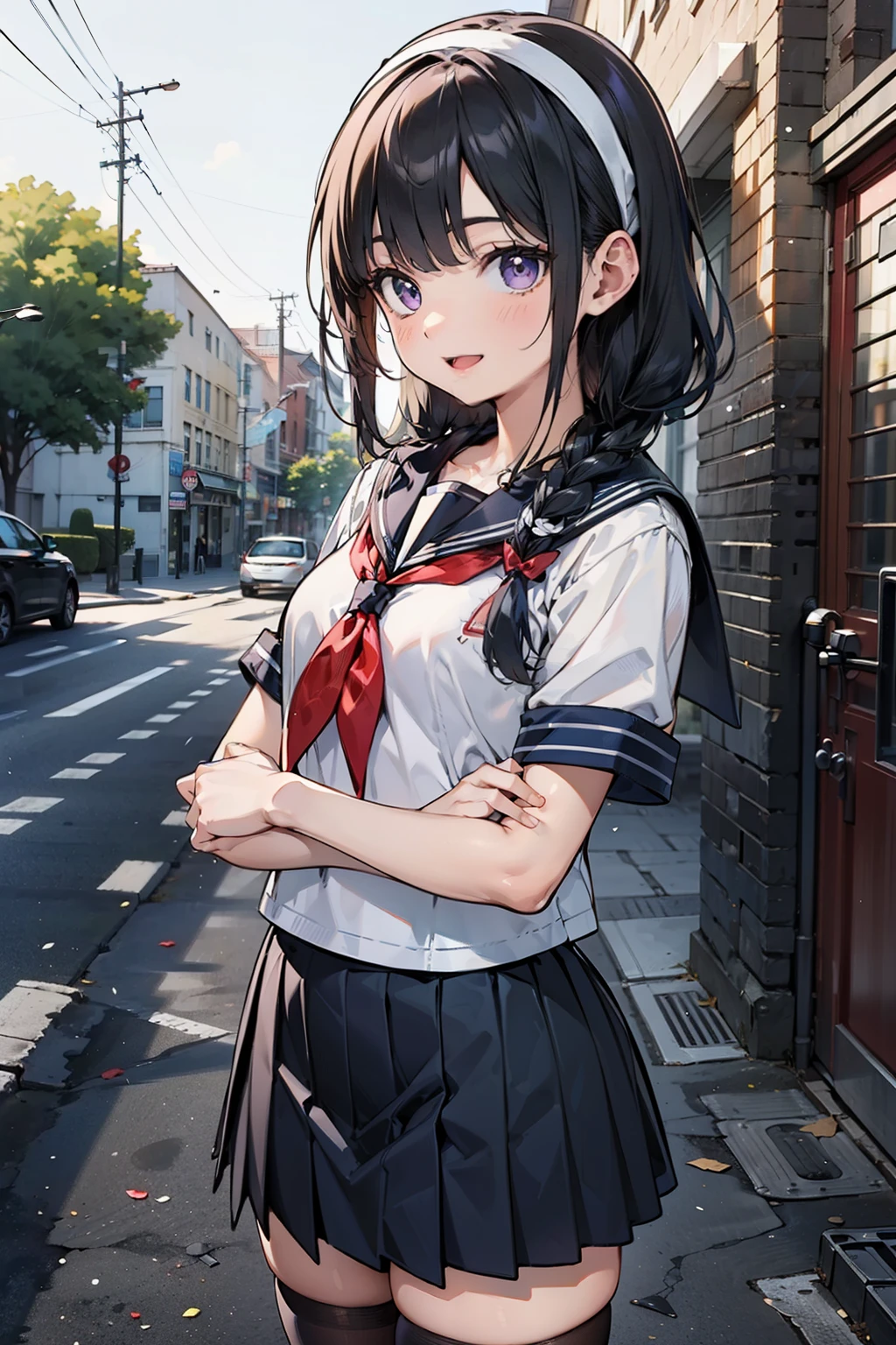 body 8 times longer than head, (Highly detailed CG unity 8k), (highest quality)，(very detailed)，(ultra high resolution), black hair, High school girl wearing a navy sailor suit, Anime 2D rendering, realistic young anime high school girl, ((White headband)), smile, purple eyes, small breasts, tall, slanted eyes, (school scenery), black stockings, bright color, open your mouth a little, Dark blue skirt, braid hair