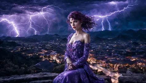 uma jovem garota de corpo inteiro (milla jovovich), zenistu, e com roupas vinho e brancas, purple and white lightning, cabelos b...