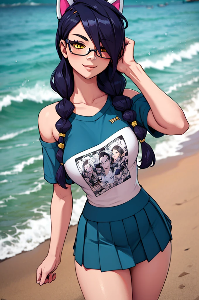 Erisa, 1girl, solo, long hair, looking at viewer, black hair, bandaid on face, yellow eyes, animal ears, smile, bandaid on nose, braid, cat ears, bandaid, bangs, breasts, fake animal ears, simple background, fang, bare shoulders, scar, bare shoulders, short sleeves, closed mouth, t-shirt, hair over one eye, portrait, hair over shoulder, skin tight shirt, legs, glasses, school wear,  outfit, short skirt, ocean view, seductive, realistic, best quality, masterpiece, ultra detail, ultra high res, extreme detail, 8k, uhd