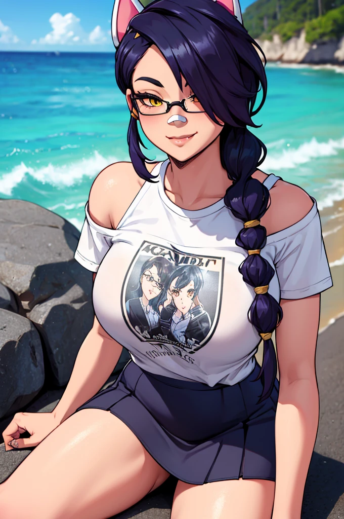 Erisa, 1girl, solo, long hair, looking at viewer, black hair, bandaid on face, yellow eyes, animal ears, smile, bandaid on nose, braid, cat ears, bandaid, bangs, breasts, fake animal ears, simple background, fang, bare shoulders, scar, bare shoulders, short sleeves, closed mouth, t-shirt, hair over one eye, portrait, hair over shoulder, skin tight shirt, legs, glasses, school wear,  outfit, short skirt, ocean view, seductive, realistic, best quality, masterpiece, ultra detail, ultra high res, extreme detail, 8k, uhd