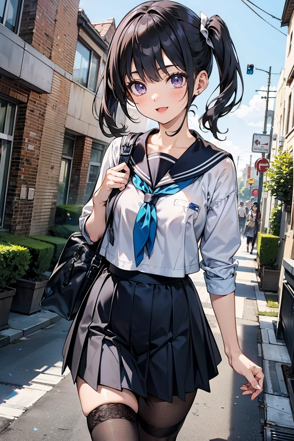 body 8 times longer than head, (Highly detailed CG unity 8k), (highest quality)，(very detailed)，(ultra high resolution), black hair, High school girl wearing a navy sailor suit, Anime 2D rendering, realistic young anime high school girl, ((White headband)), smile, purple eyes, small breasts, tall, slanted eyes, (school scenery), black stockings, bright color, open your mouth a little, Dark blue skirt, Pigtails hair,         