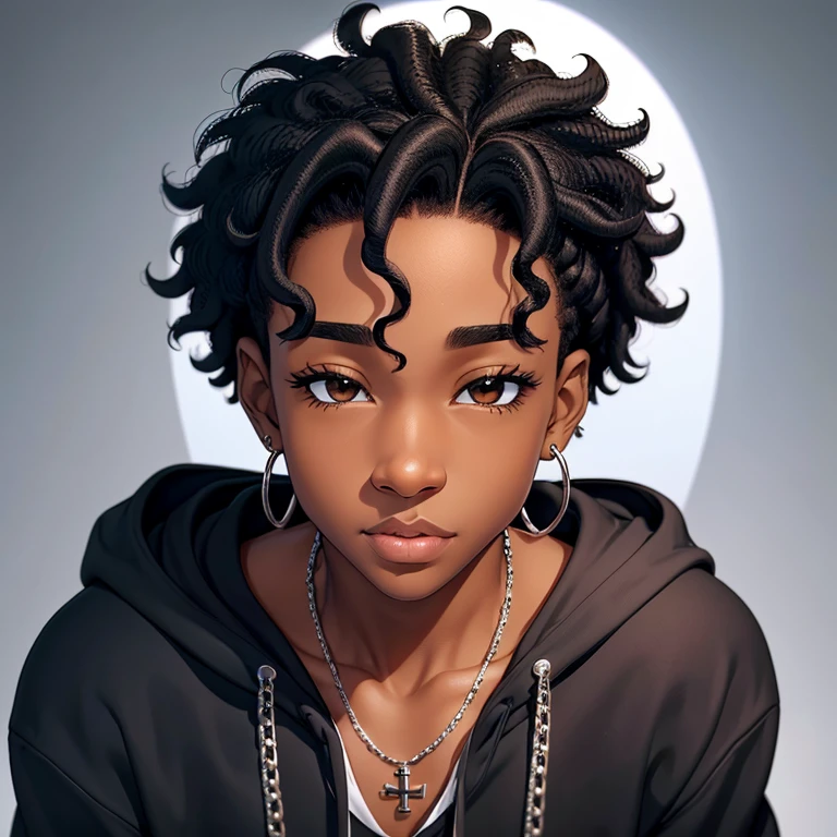 2D animation black boy curly hair brown eyes big nose full lips big nose silver chain and cross earring black hoodie written oz 