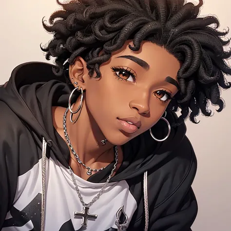 2d animation black boy curly hair brown eyes big nose full lips big nose silver chain and cross earring black hoodie written oz