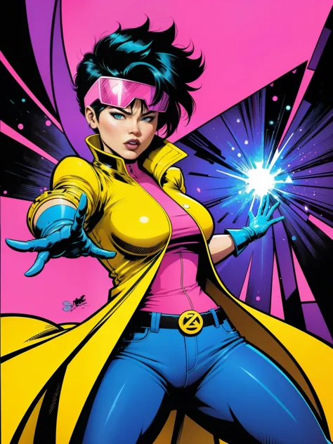 ((A comic style, cartoon art))). Jubilee is wearing her signature outfit. In heroic combate pose, 1 girl, solo, lonly, Asian girl, (((wearing blue jeans shorts))), short black hair, brown eyes, (((wearing yellow overcoat and blue jeans shorts))), huge pink...