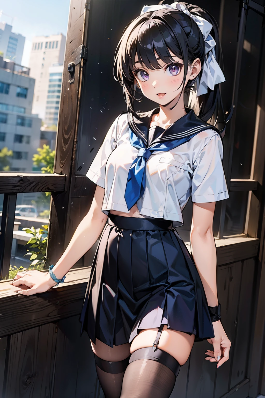 body 8 times longer than head, (Highly detailed CG unity 8k), (highest quality)，(very detailed)，(ultra high resolution), black hair, High school girl wearing a navy sailor suit, Anime 2D rendering, realistic young anime high school girl, ((White headband)), smile, purple eyes, small breasts, tall, slanted eyes, (school scenery), black stockings, bright color, open your mouth a little, Dark blue skirt, ponytail, Tie your hair with a white ribbon,   