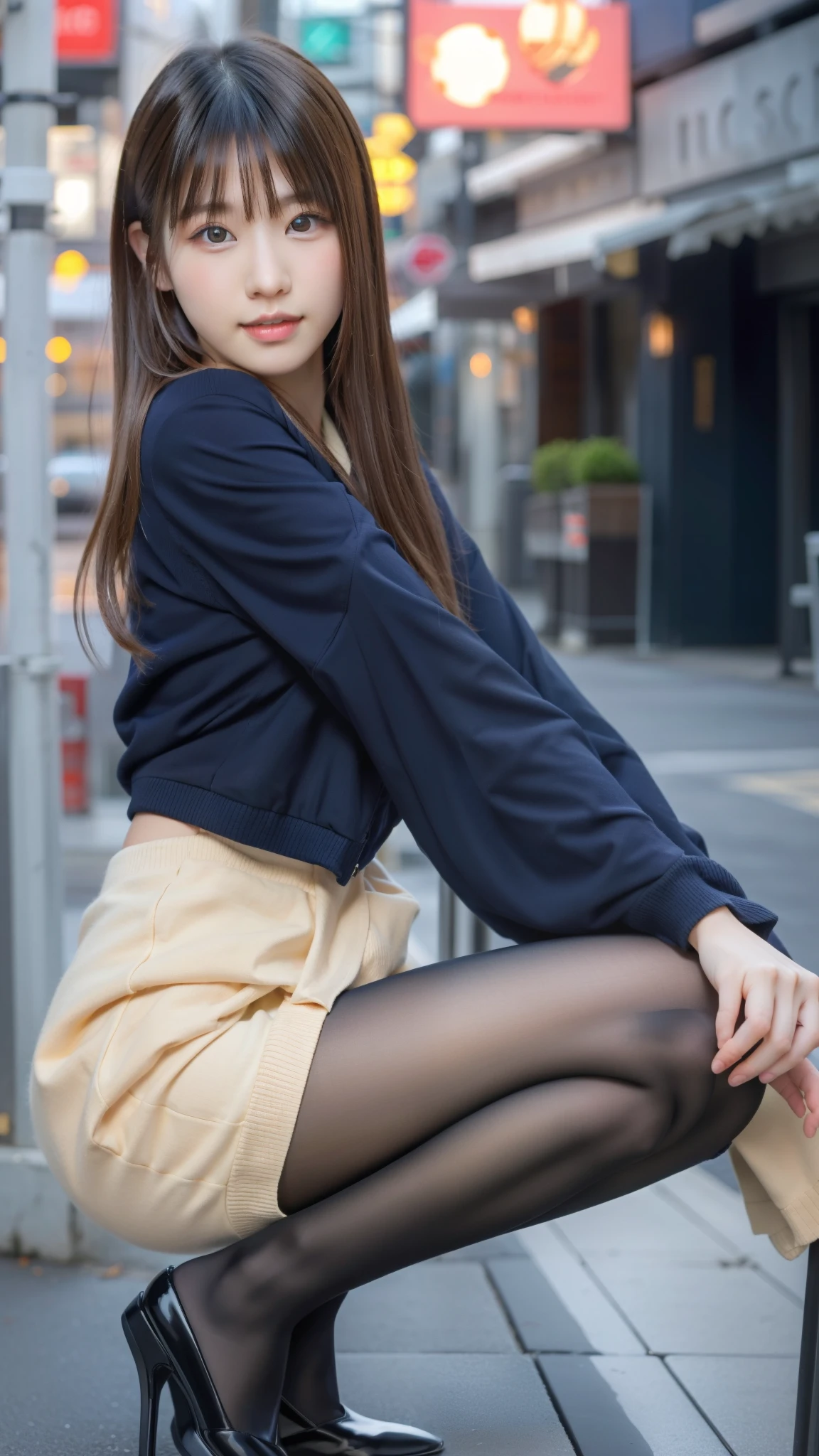 Arafed asian woman in tights and high heels sitting on a bench - SeaArt AI